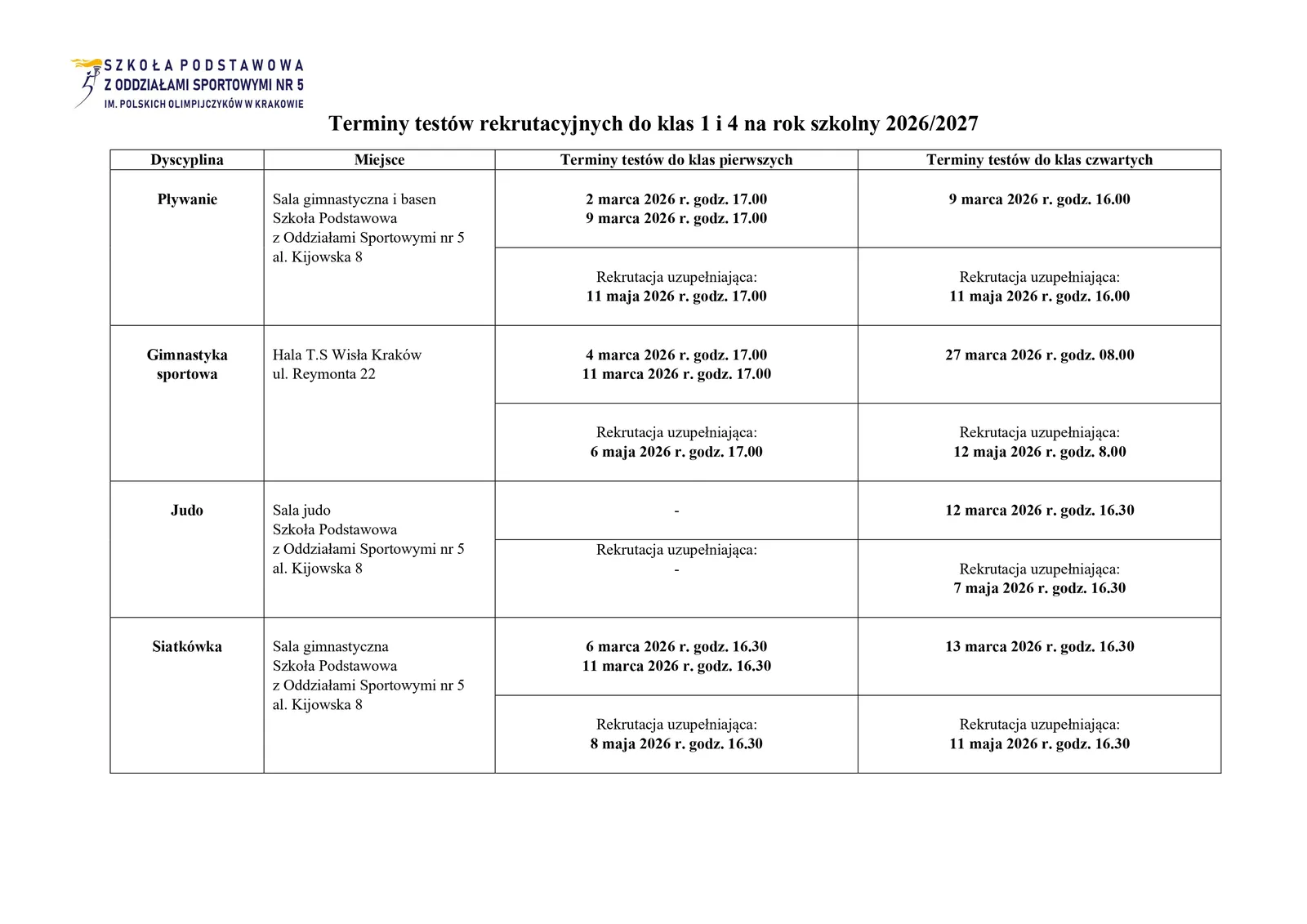 Terminy testów rekrutacyjnych do klas 1 i 4 na rok szkolny 2026-2027_page-0001